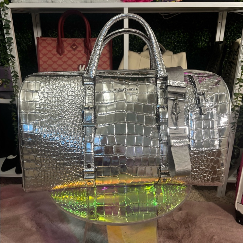 Michael Kors Silver Crocodile Embossed Duffel Bag NWT - Picture 1 of 16